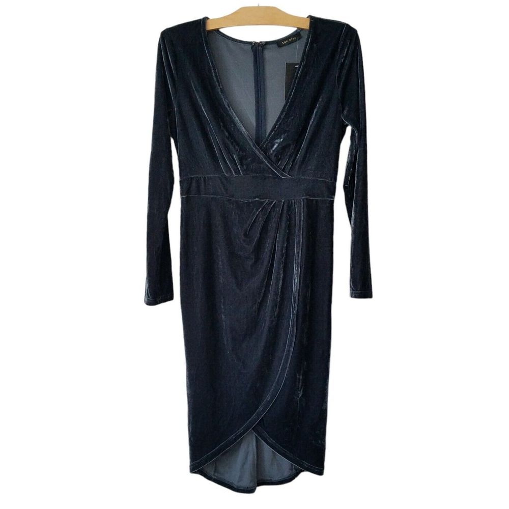 Lac Bleu Womens L Velvet Dress Faux Wrap Bodycon Long Sleeve Gunmetal Gray